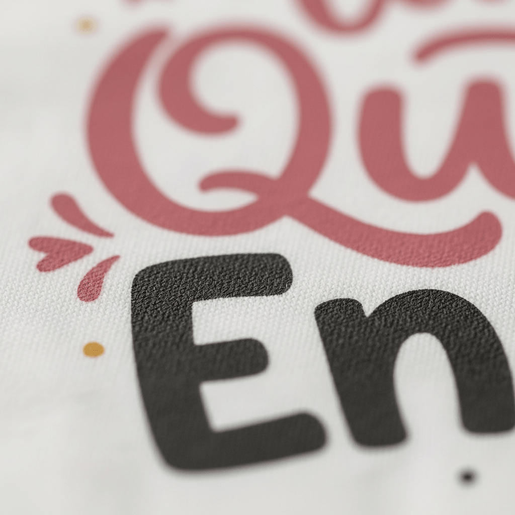 A close-up of the Toodleroos Tiny Queen Energy Toddler Tee shows textured, printed text with “Qu” in red script and “En” in bold black, highlighted by a pink accent and small yellow dot on a white background—perfect for cute girls’ shirts that radiate tiny queen energy.