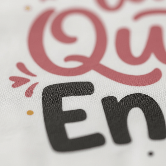 A close-up of the Toodleroos Tiny Queen Energy Toddler Tee shows textured, printed text with “Qu” in red script and “En” in bold black, highlighted by a pink accent and small yellow dot on a white background—perfect for cute girls’ shirts that radiate tiny queen energy.