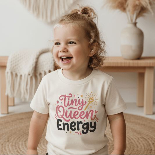 A smiling young child with curly hair wears the Toodleroos Tiny Queen Energy Toddler Tee – Cute Girls Shirt, standing indoors by a bench topped with a blanket and vase in a cozy, neutral-toned room.