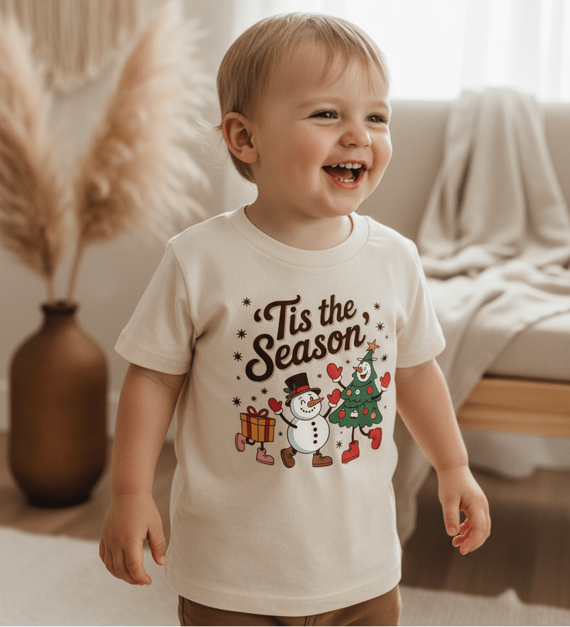 A smiling toddler wears the Toodleroos ’Tis the Season Toddler Tee – a retro Christmas kids shirt with festive graphics – while standing indoors surrounded by neutral decor and soft natural light.