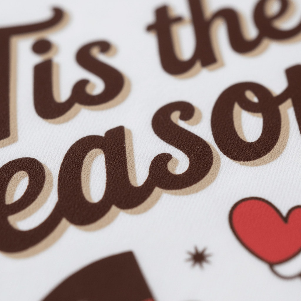 Close-up of fabric from the Toodleroos ’Tis the Season Toddler Tee – Retro Christmas Kids Shirt, featuring festive brown lettering with red heart shapes and small star icons on a white background—perfect for holiday outfits.