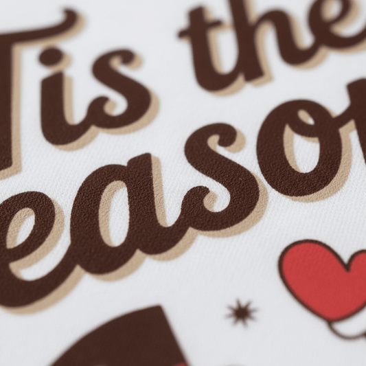 Close-up of fabric from the Toodleroos ’Tis the Season Toddler Tee – Retro Christmas Kids Shirt, featuring festive brown lettering with red heart shapes and small star icons on a white background—perfect for holiday outfits.