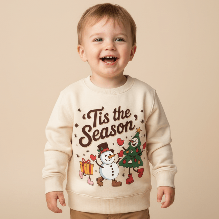 Smiling toddler wearing a cream sweater with cartoon snowman, Christmas tree, and gift, plus the words Tis the Season, standing against a beige background.