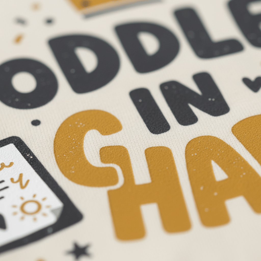 Close-up of textured text reading TODDLER IN CHARGE with bold black and gold letters, reminiscent of the playful designs featured on the Toodleroos Toddler in Charge Shirt – Funny Crown Tee. A small paper with scribbles, a sun, and stars is partially visible in the corner.