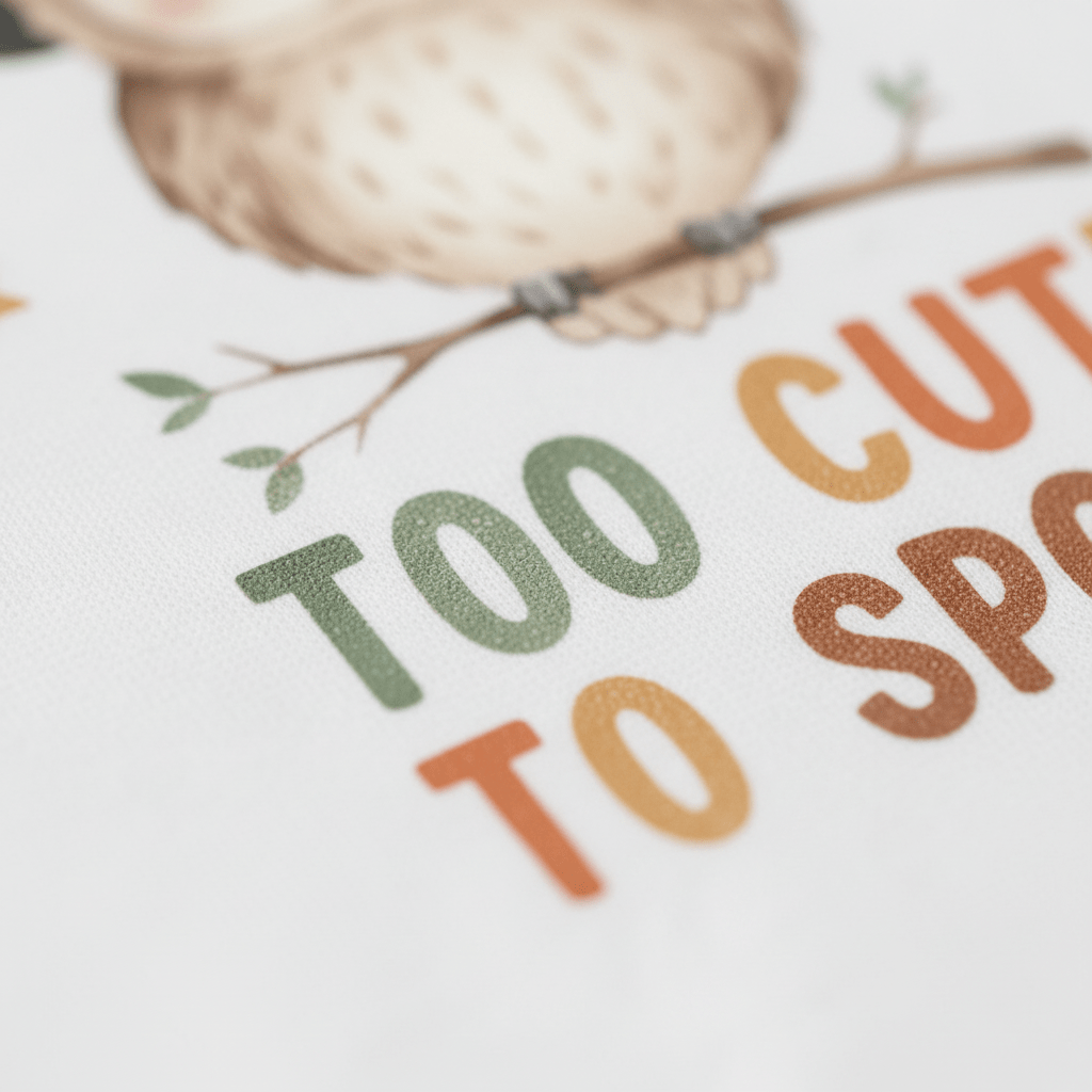 A close-up of text reading TOO CUTE TO SPO in green and orange letters, with part of a cartoon owl perched on a branch above the words. The Toodleroos Halloween Baby Onesie – Too Cute to Spook Owl Short-Sleeve Bodysuit is an adorable choice for celebrating your baby’s first Halloween in style.