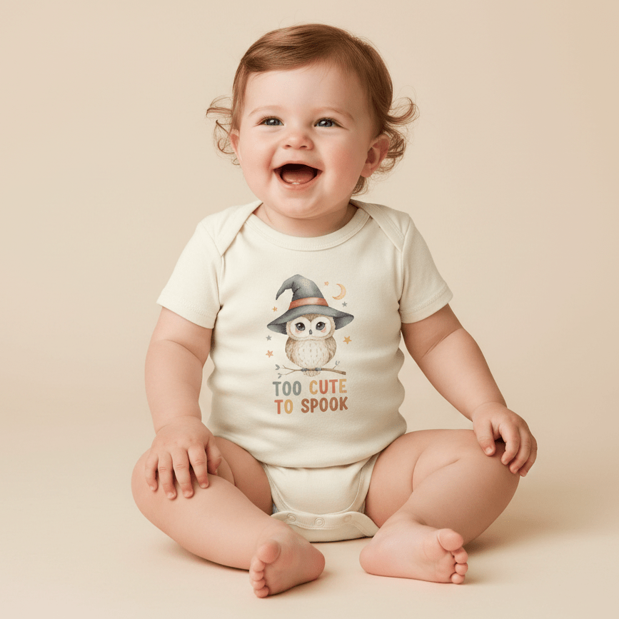 A smiling baby sits on a neutral background, wearing the Toodleroos Halloween Baby Onesie – Too Cute to Spook Owl Short-Sleeve Bodysuit featuring an owl in a witch hat and the phrase “Too Cute to Spook.”.