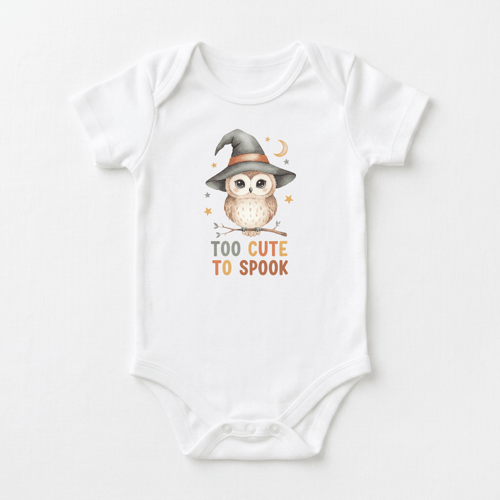 Dress your little one in the Toodleroos Halloween Baby Onesie – Too Cute to Spook Owl Short-Sleeve Bodysuit. This white baby bodysuit features a charming owl wearing a witch hat, surrounded by a crescent moon and stars, with the playful phrase “TOO CUTE TO SPOOK” printed below. Perfect for baby’s first Halloween!.