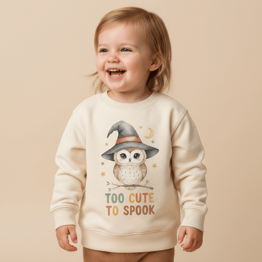 A cheerful toddler sports the Toodleroos Toddler Halloween Sweatshirt – Too Cute to Spook Owl Pullover, showcasing a whimsical owl in a witch hat and playful “TOO CUTE TO SPOOK” text atop a cream background—an adorable choice for any Halloween celebration.