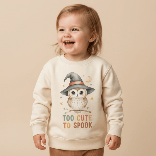 A cheerful toddler sports the Toodleroos Toddler Halloween Sweatshirt – Too Cute to Spook Owl Pullover, showcasing a whimsical owl in a witch hat and playful “TOO CUTE TO SPOOK” text atop a cream background—an adorable choice for any Halloween celebration.