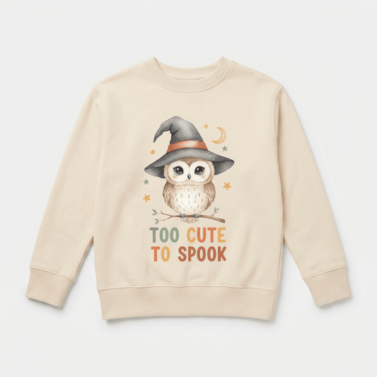 The Toodleroos Toddler Halloween Sweatshirt – Too Cute to Spook Owl Pullover features a beige design with a cartoon owl in a witch hat, perched on a branch surrounded by stars and a crescent moon. “TOO CUTE TO SPOOK” is printed in orange letters beneath the owl, making it the perfect cute Halloween outfit for toddlers.