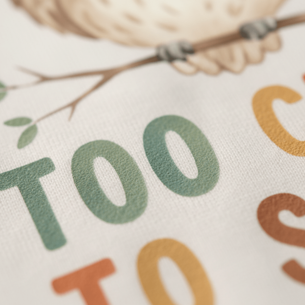 Close-up of vibrant, textured letters spelling “TOO” on fabric, featuring a partial branch, leaves, and an illustrated owl’s feet at the top—perfect for the Toodleroos Toddler Halloween Sweatshirt: Too Cute to Spook Owl Pullover.