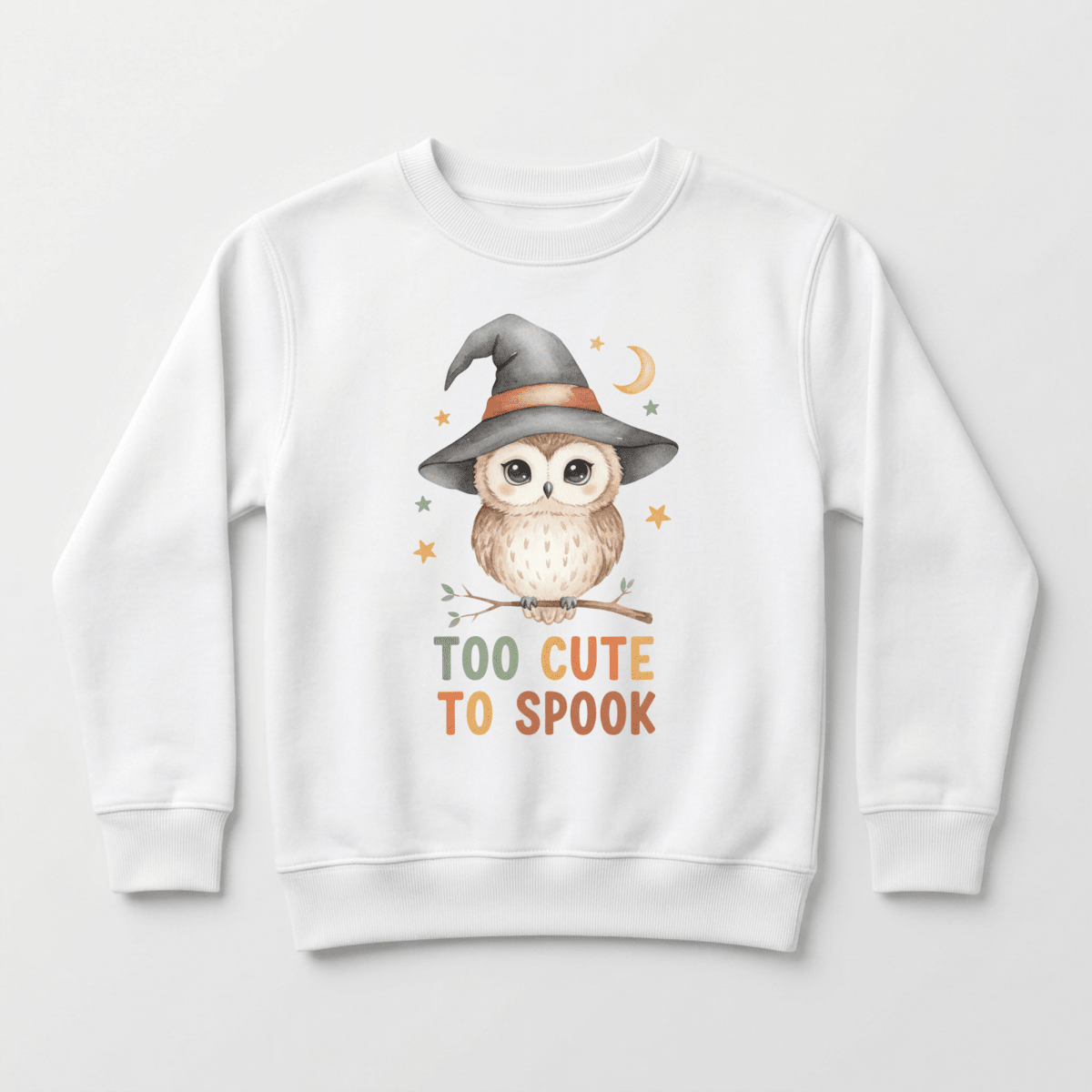 The Toodleroos Toddler Halloween Sweatshirt – Too Cute to Spook Owl Pullover features a charming illustration of an owl wearing a witch hat, surrounded by stars and a crescent moon. The phrase “Too Cute To Spook” appears beneath the design, making this sweatshirt the ideal cute Halloween outfit for your little one.