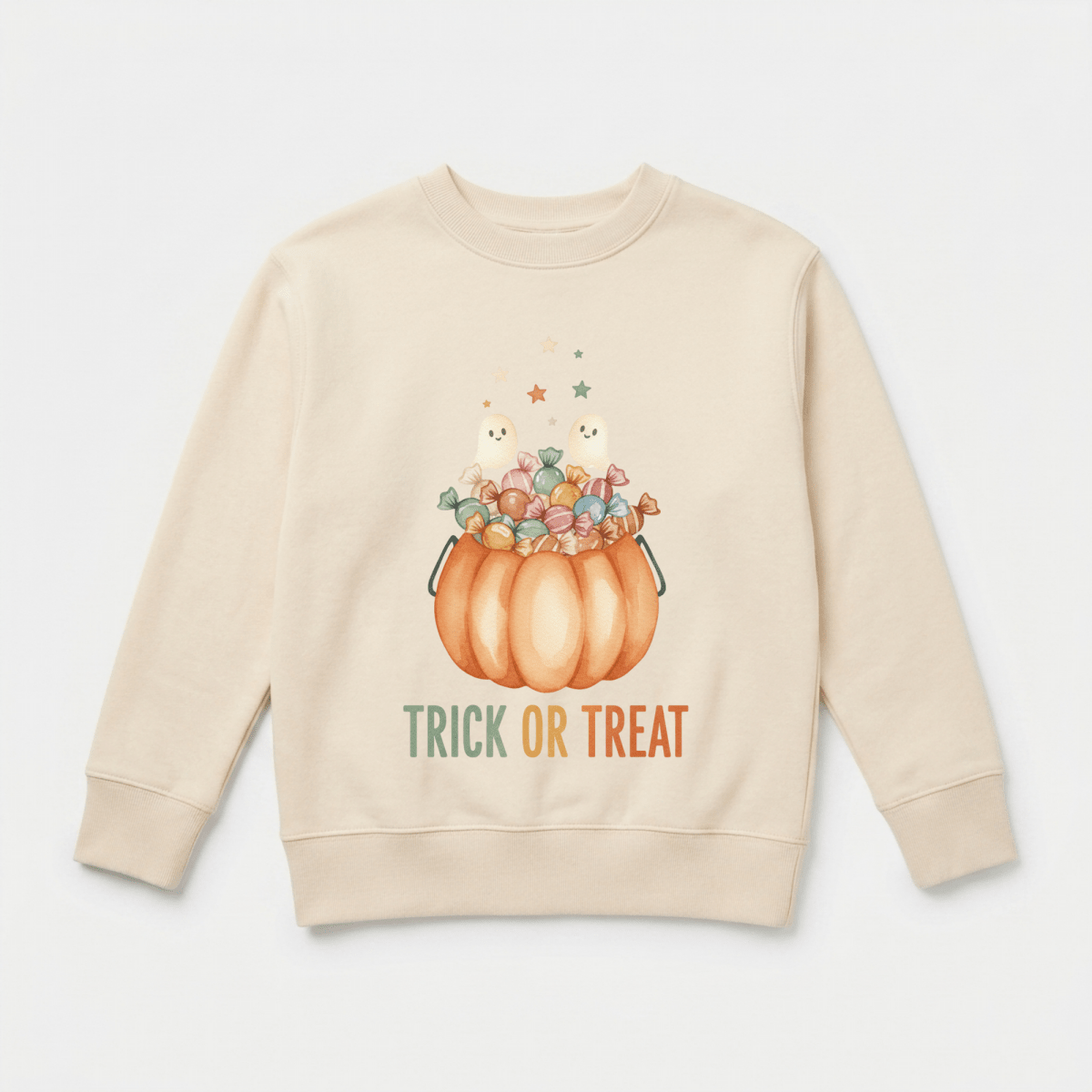 Dress your little one in the Toodleroos Toddler Halloween Sweatshirt – Trick or Treat Pumpkin & Ghost Pullover, featuring a cozy beige design with a cheerful pumpkin bucket brimming with candy and two adorable ghosts. Sparkling stars shine above the graphic, while “TRICK OR TREAT” is playfully printed in green and orange below. This festive sweatshirt is perfect for toddlers celebrating spooky season!.