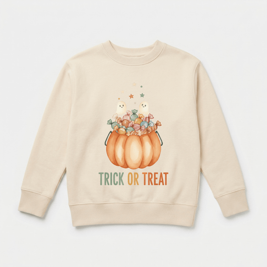 Dress your little one in the Toodleroos Toddler Halloween Sweatshirt – Trick or Treat Pumpkin & Ghost Pullover, featuring a cozy beige design with a cheerful pumpkin bucket brimming with candy and two adorable ghosts. Sparkling stars shine above the graphic, while “TRICK OR TREAT” is playfully printed in green and orange below. This festive sweatshirt is perfect for toddlers celebrating spooky season!.