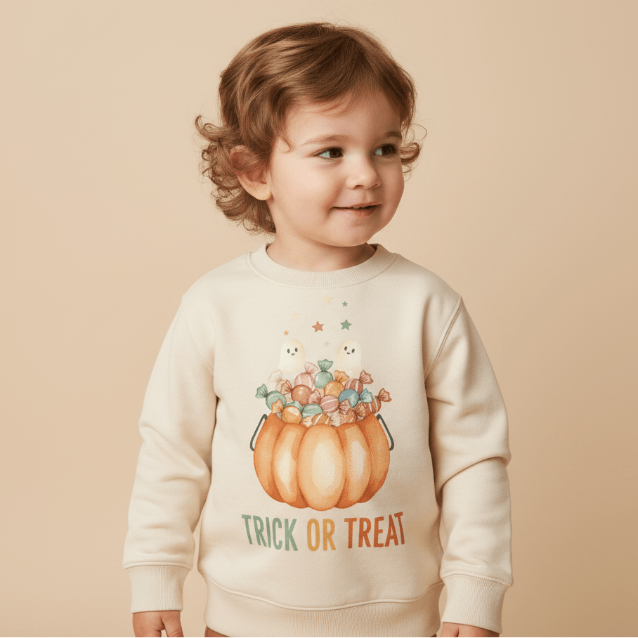 A cheerful toddler wears the Toodleroos Toddler Halloween Sweatshirt – Trick or Treat Pumpkin & Ghost Pullover, featuring playful pumpkin and candy graphics, two cute ghosts, and “Trick or Treat” on the front, posing against a beige background.