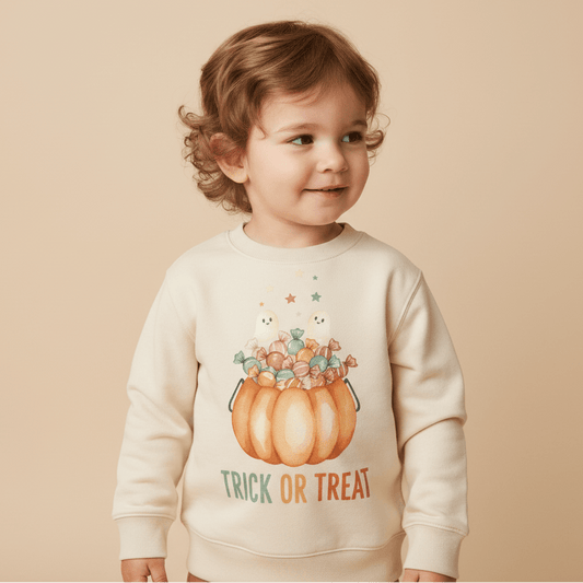 A cheerful toddler wears the Toodleroos Toddler Halloween Sweatshirt – Trick or Treat Pumpkin & Ghost Pullover, featuring playful pumpkin and candy graphics, two cute ghosts, and “Trick or Treat” on the front, posing against a beige background.