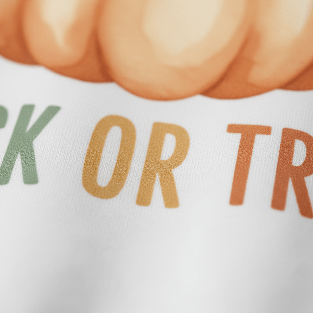 Close-up of text on fabric reading “OR TR” in orange letters, with part of a pumpkin illustration above and green letters partially visible to the left, from a Toodleroos Toddler Halloween Sweatshirt – Trick or Treat Pumpkin & Ghost Pullover.
