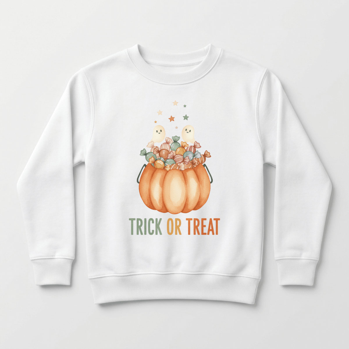 Dress your little one in festive style with the Toddler Halloween Sweatshirt – Trick or Treat Pumpkin & Ghost Pullover by Toodleroos. This white sweatshirt features a cheerful pumpkin overflowing with colorful candy, two adorable ghosts peeking out, sparkling stars above, and “TRICK OR TREAT” printed below in playful green and orange letters. The perfect choice for adding Halloween charm to your toddler’s wardrobe!.