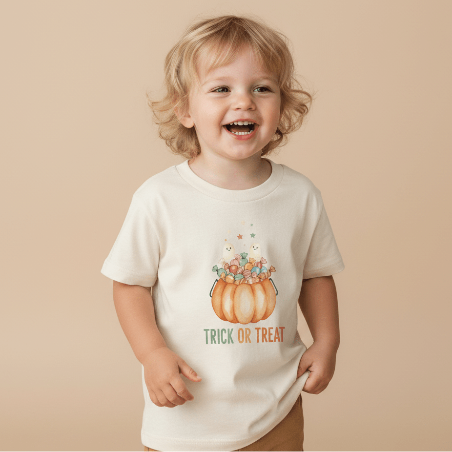 A happy child with wavy blonde hair wears the Toodleroos Toddler Halloween Shirt – Trick or Treat Pumpkin & Ghost Tee, showcasing a festive pumpkin overflowing with candy and a playful “Trick or Treat” design, set against a beige background.
