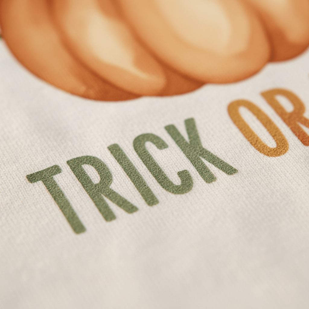 Close-up of fabric from the Toodleroos Toddler Halloween Shirt – Trick or Treat Pumpkin & Ghost Tee, featuring the partially visible words “TRICK OR” in playful green and orange letters beneath a pumpkin illustration.