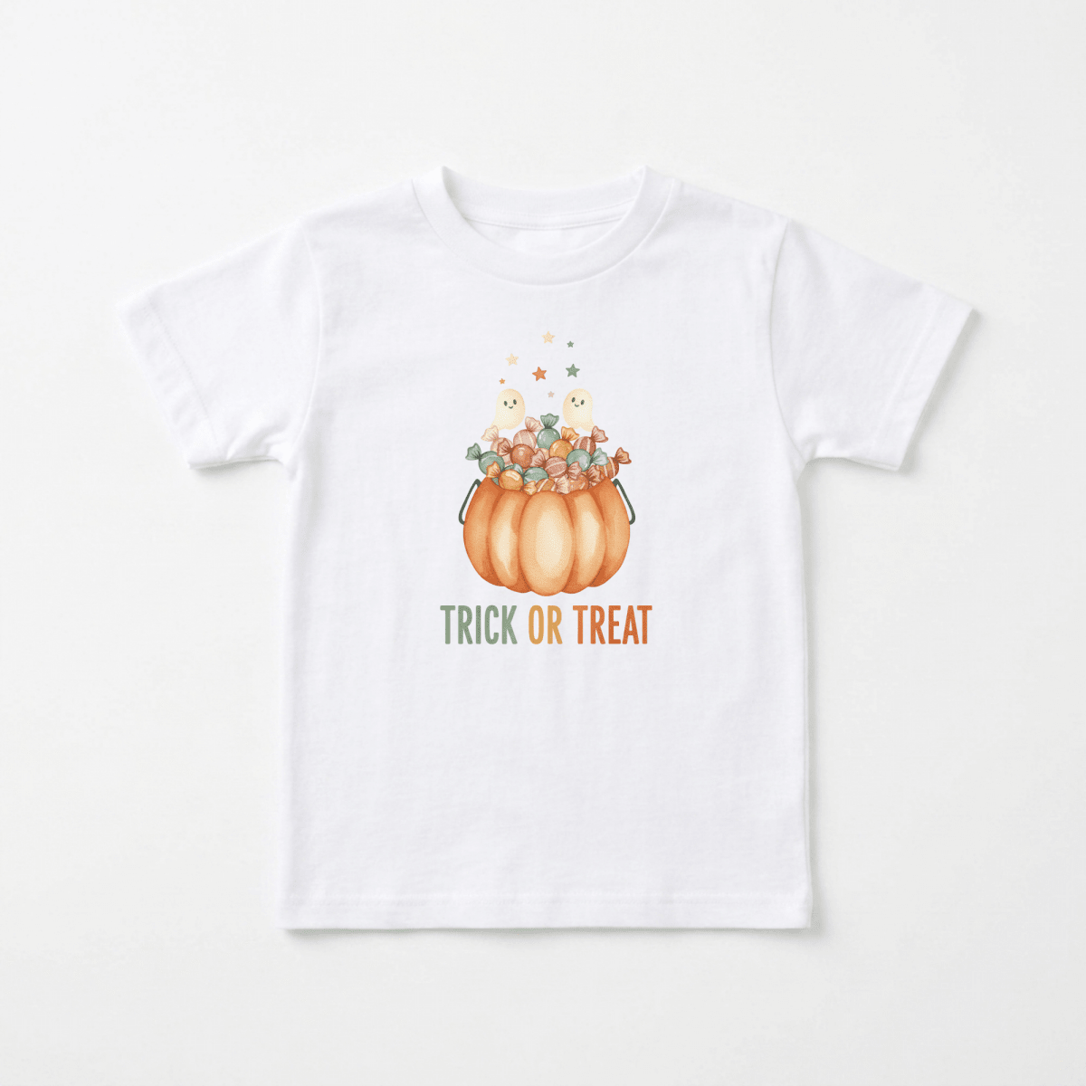 Dress your little one in the Toodleroos Toddler Halloween Shirt – Trick or Treat Pumpkin & Ghost Tee, featuring a white design with a pumpkin-shaped candy bucket brimming with colorful candies, stars, and playful ghosts. “TRICK OR TREAT” is printed in bold green and orange letters beneath the festive illustration—perfect for spooky season fun!.