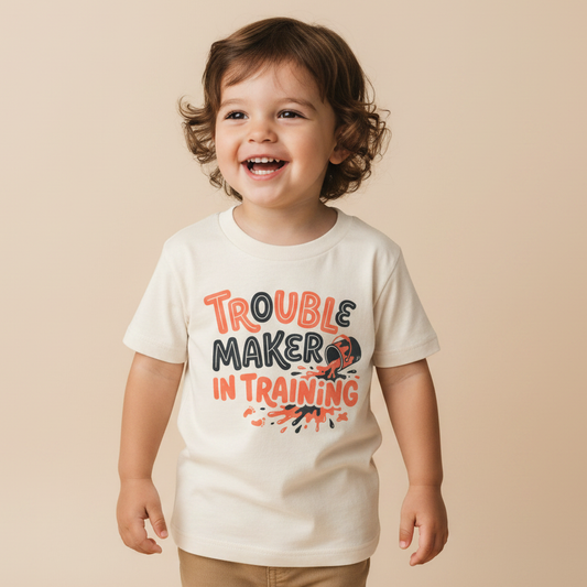 Funny Toddler Shirt – Trouble Maker in Training Short-Sleeve Tee