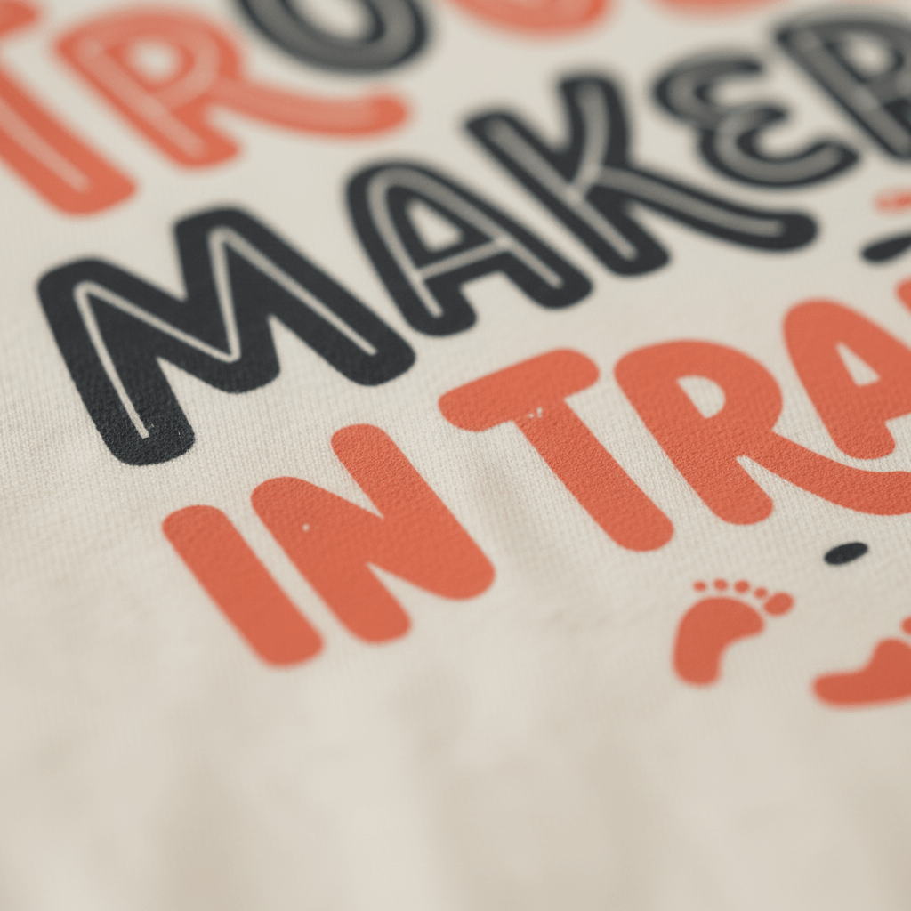Close-up of the Toodleroos “Trouble Maker in Training Toddler Shirt – Funny Toddler Tee” shows fabric printed with bold orange and black text reading TROUBLE MAKER IN TRA, along with playful design accents like tiny orange footprints on a cream-colored background—ideal for funny kids shirts or as a standout toddler shirt in any boys shirt collection.