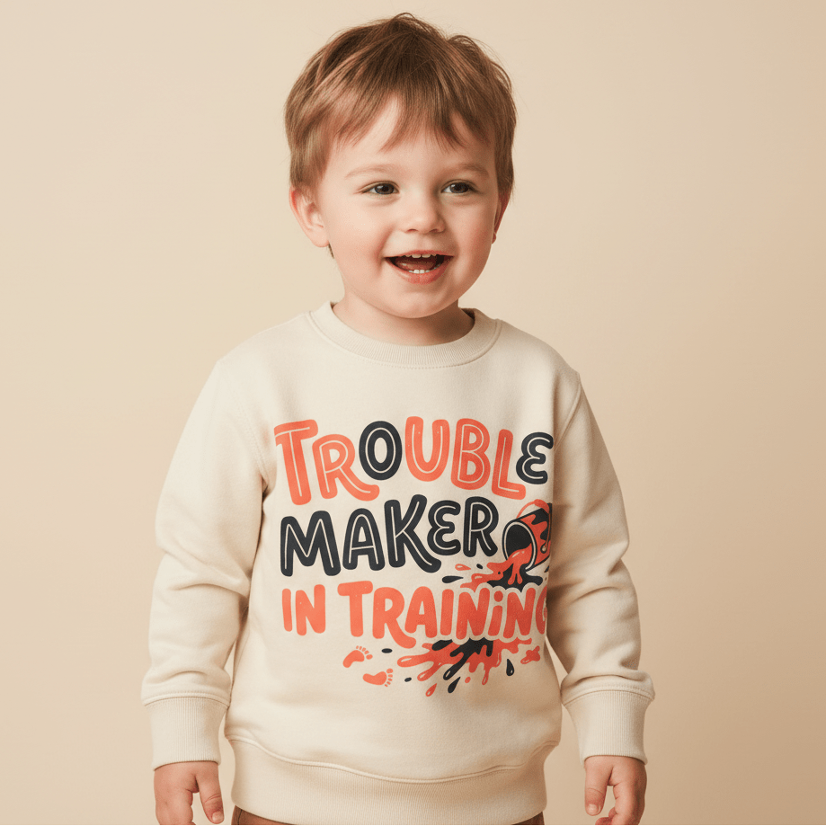 A smiling young child wears the Toodleroos Trouble Maker in Training Toddler Sweatshirt – a cozy cream fleece pullover featuring playful red, black, and orange lettering and designs—perfect as an adorable toddler gift idea.