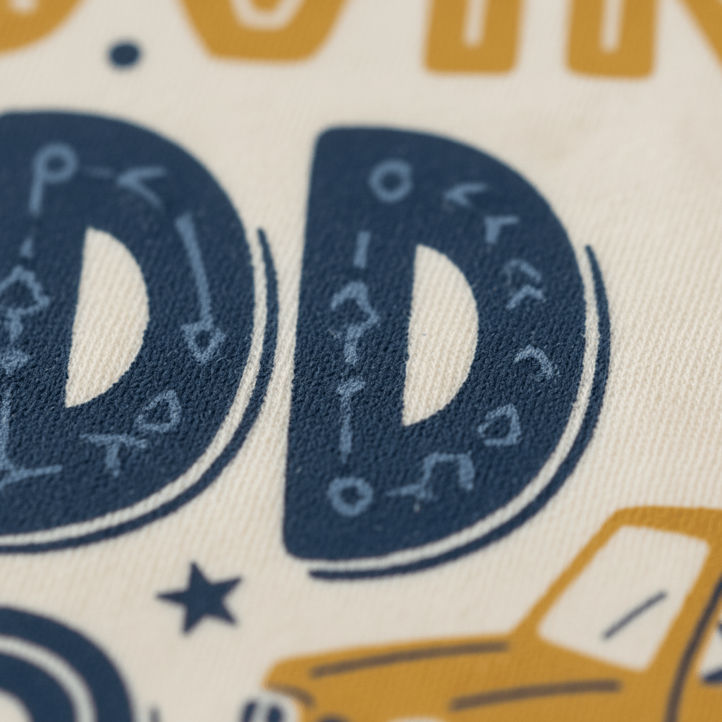 A close-up of a textured navy blue letter D, adorned with small arrows and lines, is printed on cream-colored fabric beside part of a yellow vehicle illustration—featured on the Toodleroos “Truck Loving Toddler Boys Shirt – Monster Truck Tee,” perfect for any truck-loving toddler.