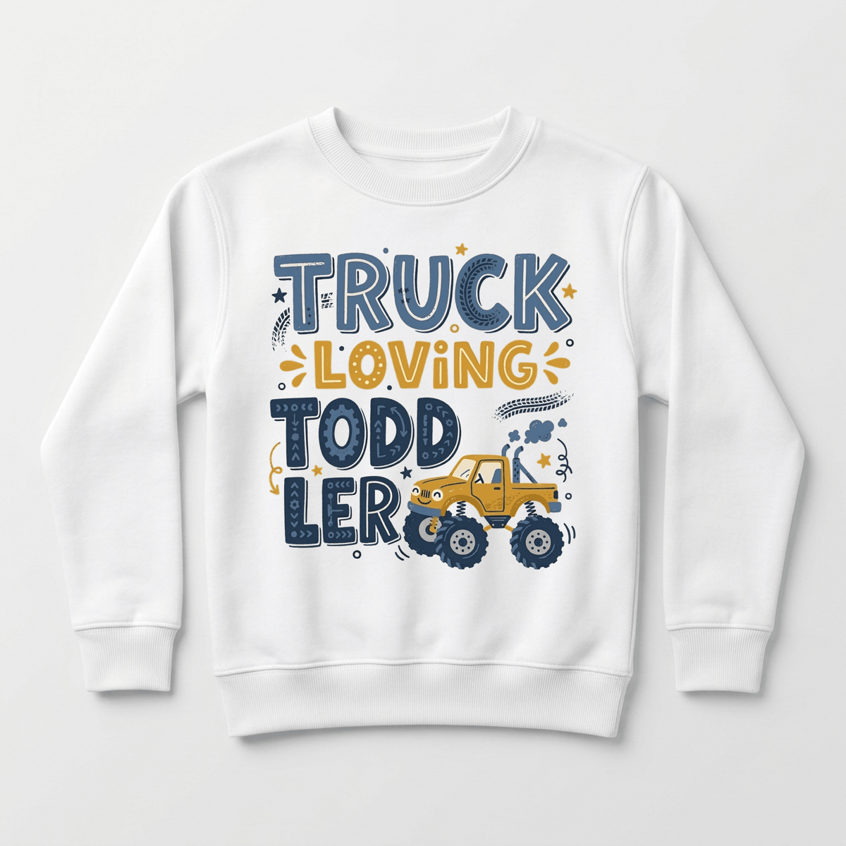 Wrap your little truck fan in comfort with the Toodleroos Truck Loving Toddler Boys Sweatshirt – Monster Truck Pullover. This cozy fleece toddler sweatshirt showcases “Truck Loving Toddler” along with a bold yellow cartoon monster truck, playful blue and yellow stars, tires, and doodles—making it the ultimate monster truck sweatshirt for young enthusiasts.