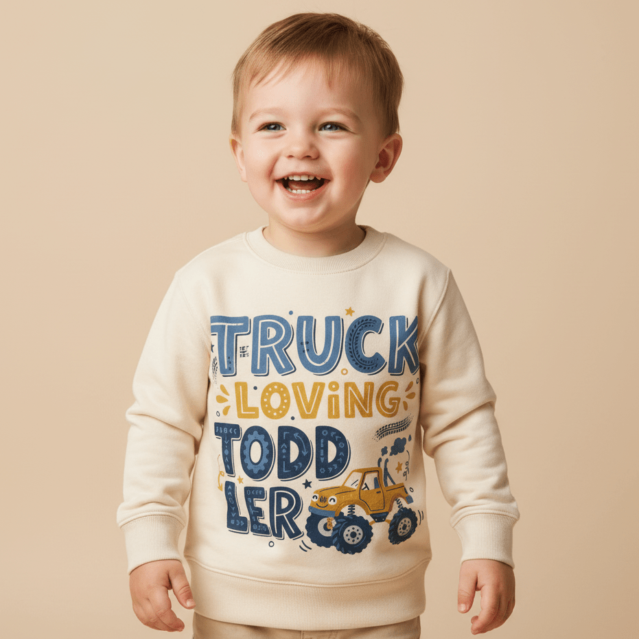 A happy toddler wears the Toodleroos Truck Loving Toddler Boys Sweatshirt – Monster Truck Pullover, a cozy cream fleece featuring a playful yellow truck graphic and the phrase “Truck Loving Toddler,” set against a plain beige background.