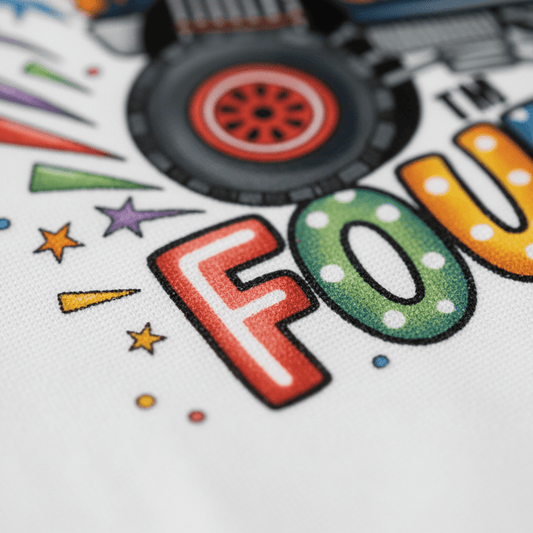 Vibrant and playful, the Toodleroos “Truck Yeah I’m Four Toddler Shirt – Monster Truck 4th Birthday Tee” features bold, colorful letters spelling FOUR, surrounded by stars, dots, and lively shapes, with a monster truck tire peeking above the text on a crisp white fabric—perfect for celebrating your little one’s monster truck-themed 4th birthday!.