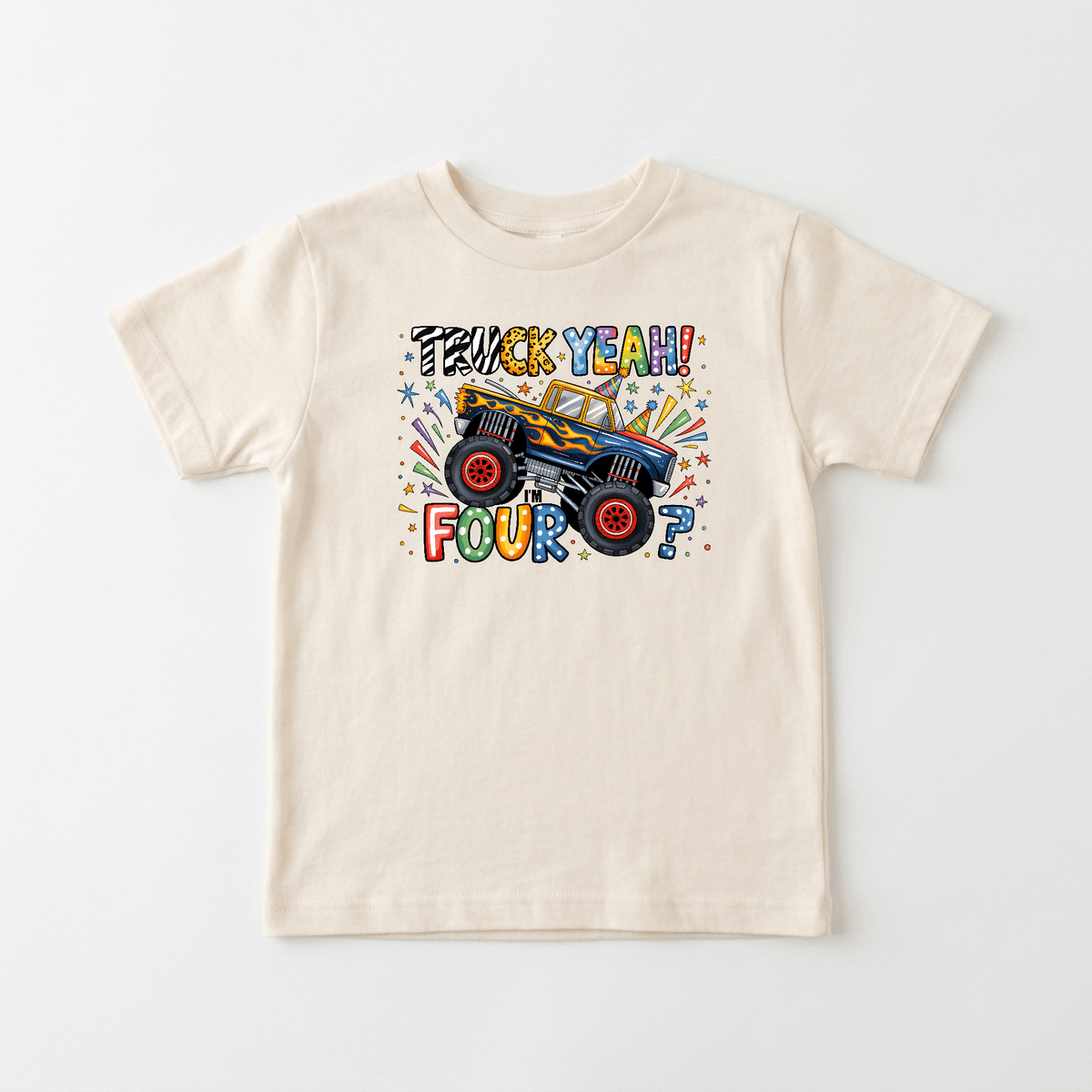 Celebrate your little monster truck fan’s big day with the Toodleroos “Truck Yeah I’m Four” Toddler Shirt – a beige tee featuring a colorful monster truck graphic, playful stars and doodles, plus bold text reading “TRUCK YEAH!” above and “FOUR?” below. Perfect as a fun 4th birthday shirt for toddlers!.