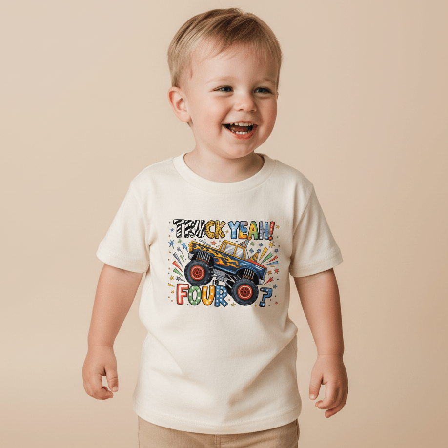 A smiling young child wears the Toodleroos “Truck Yeah I’m Four” Toddler Shirt—a cream-colored Monster Truck 4th Birthday Tee featuring vibrant graphics and playful “Truck Yeah! Four?” text on the front.