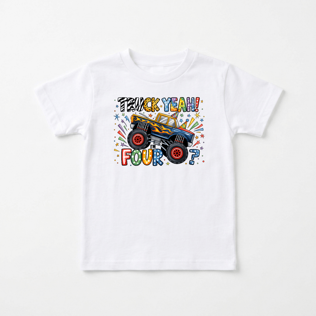 Celebrate your little one’s fourth birthday with the Toodleroos “Truck Yeah I’m Four Toddler Shirt – Monster Truck 4th Birthday Tee.” This white children’s T-shirt features a vibrant monster truck graphic, with “TRUCK YEAH!” printed above and “FOUR?” below, surrounded by festive stars, dots, and fireworks—making it the perfect 4th birthday shirt for toddlers who love monster trucks!.