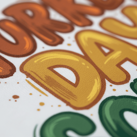 A close-up of colorful, textured letters spelling “DAY” in yellow and orange, with bold outlined words in green and brown—part of the Toodleroos Turkey Day Squad Toddler Tee, a Thanksgiving kids shirt—set against a white background.