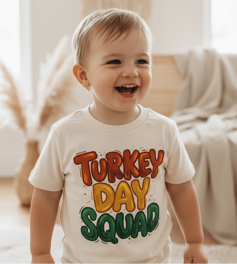 A happy toddler wears the Toodleroos Turkey Day Squad Toddler Tee – Thanksgiving Kids Shirt, standing indoors with neutral decor in the background—an adorable choice for anyone seeking a cute Thanksgiving toddler shirt or festive fall kids shirts.