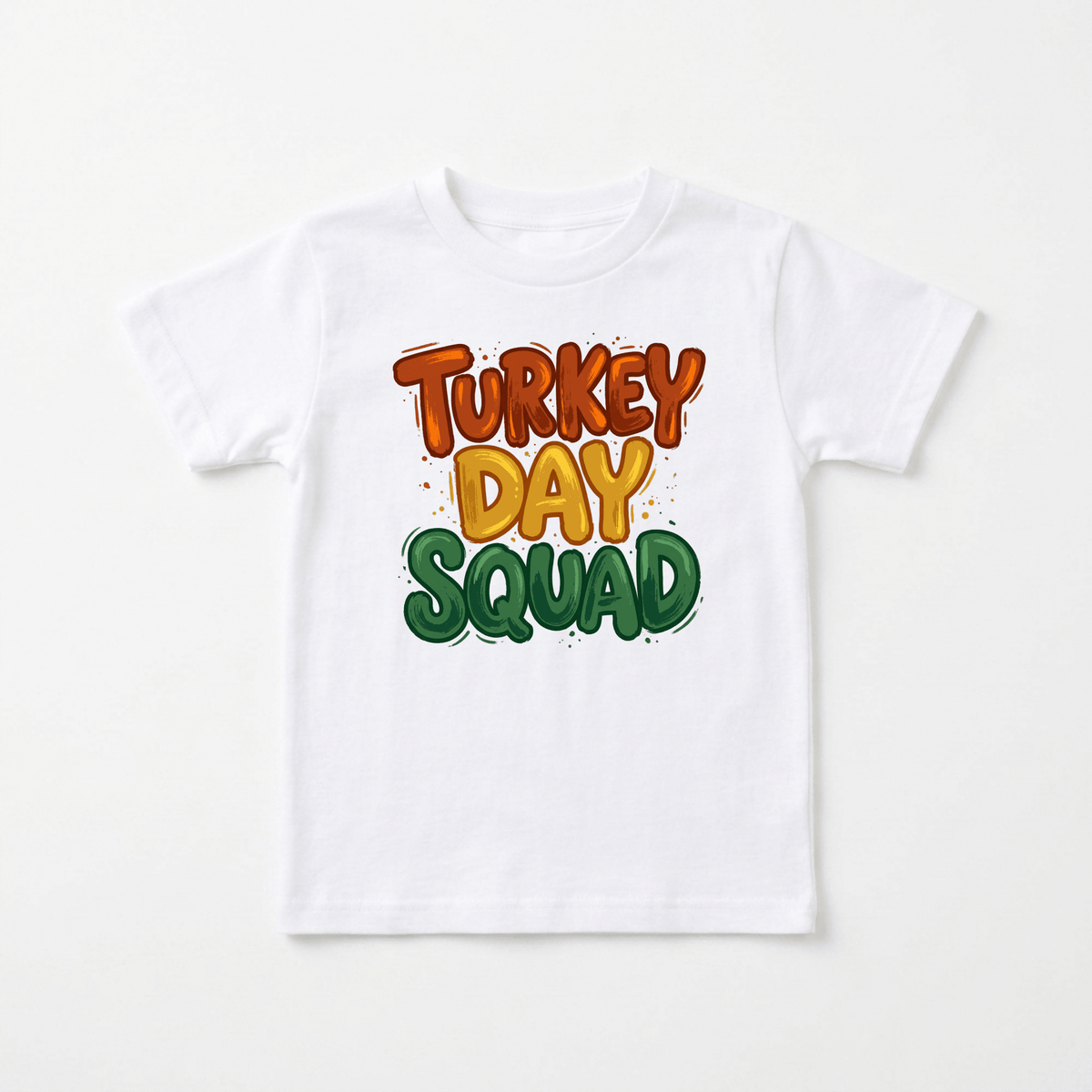 The Toodleroos Turkey Day Squad Toddler Tee – Thanksgiving Kids Shirt features “Turkey Day Squad” printed in bold letters—orange for “Turkey,” yellow for “Day,” and green for “Squad”—on a white t-shirt, making it the perfect festive choice for your toddler this Thanksgiving. This fun Turkey Day Squad tee from Toodleroos is also ideal if you’re searching for colorful fall kids shirts to celebrate the season.