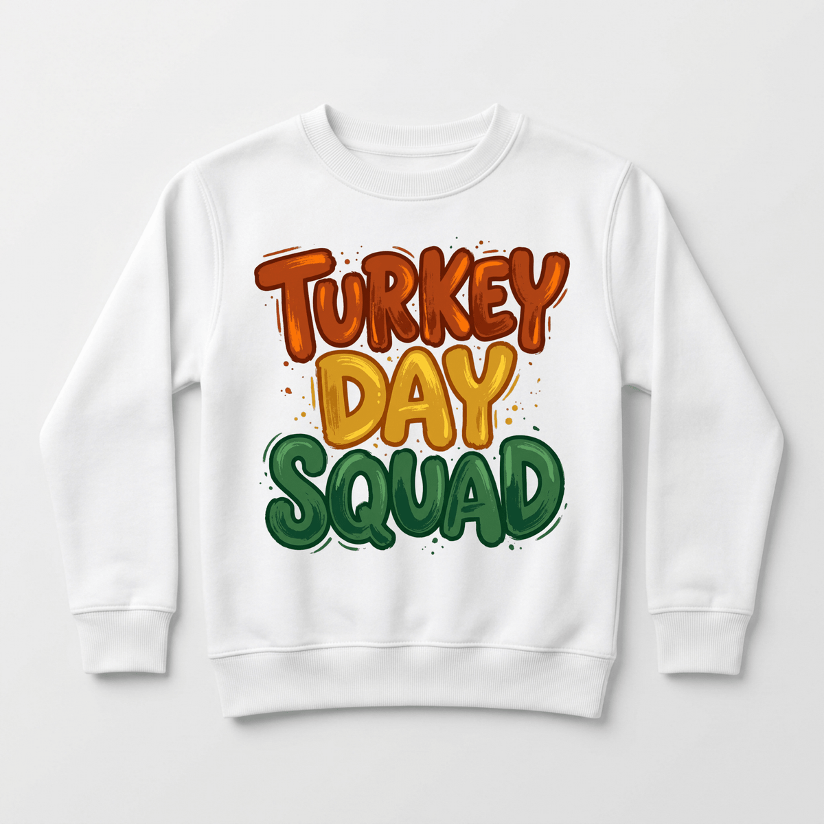The Toodleroos Turkey Day Squad Thanksgiving Toddler Sweatshirt is a white kids’ holiday sweatshirt featuring the words “Turkey Day Squad” printed in bold, colorful orange, yellow, and green letters on the front—perfect for a festive Thanksgiving celebration!.
