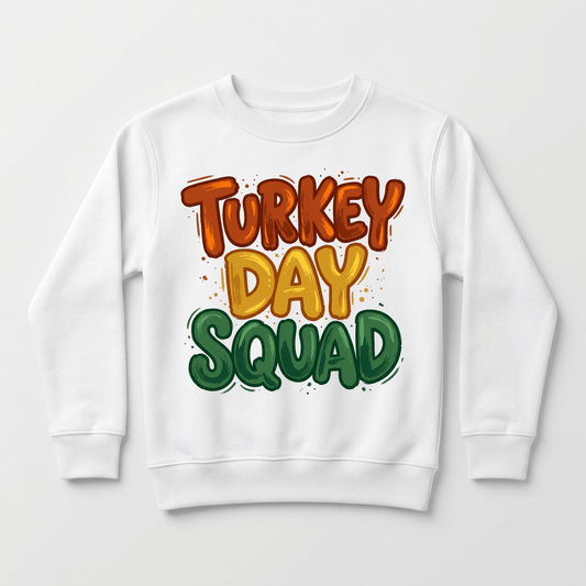 The Toodleroos Turkey Day Squad Thanksgiving Toddler Sweatshirt is a white kids’ holiday sweatshirt featuring the words “Turkey Day Squad” printed in bold, colorful orange, yellow, and green letters on the front—perfect for a festive Thanksgiving celebration!.