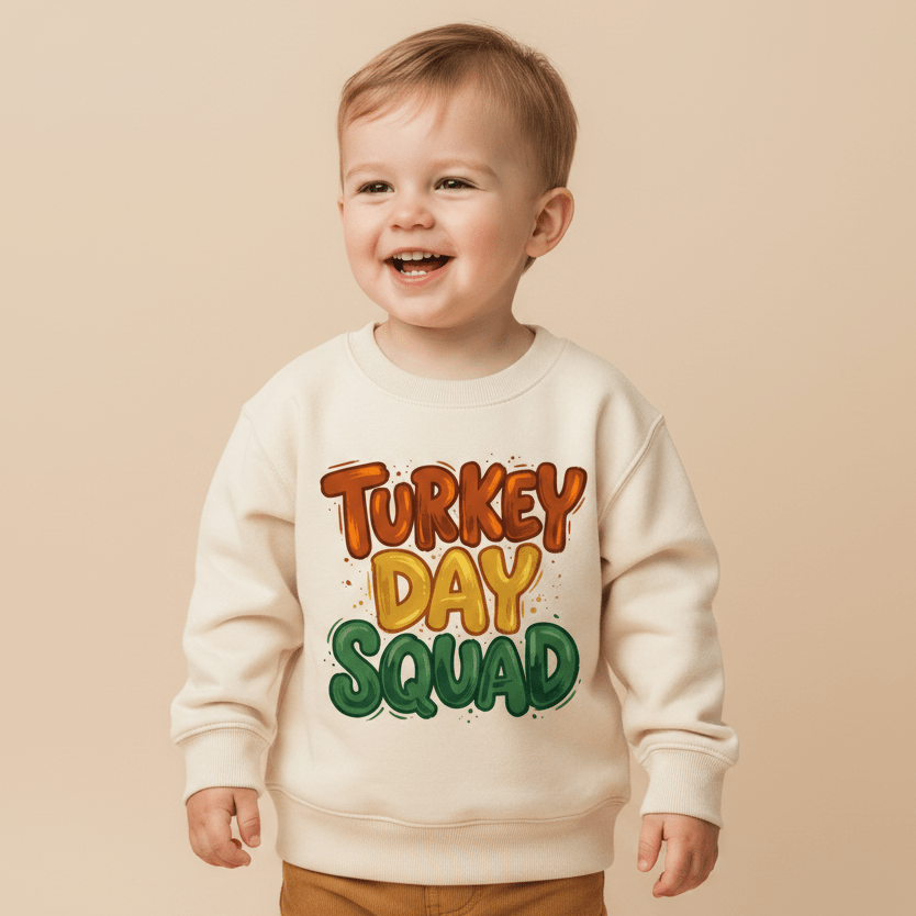 A cheerful toddler wears the Toodleroos Turkey Day Squad Thanksgiving Toddler Sweatshirt, featuring colorful lettering, while standing against a beige background.