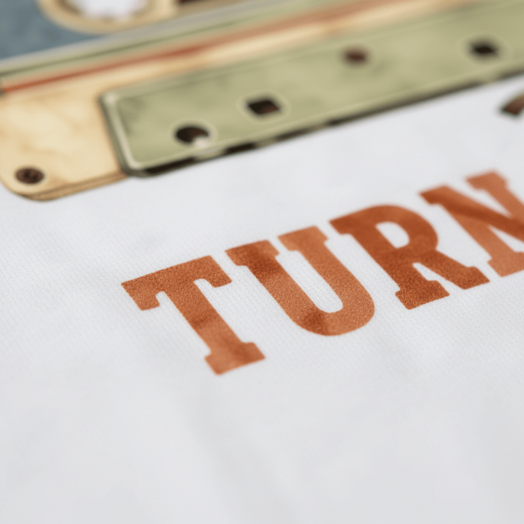Close-up of the bold, orange word “TURN” printed on white fabric from the Toodleroos Toddler Music Shirt – Turn It Up Retro Cassette Graphic Tee, evoking a playful and retro design. A portion of a brass metal hinge or plate appears at the top of the image.