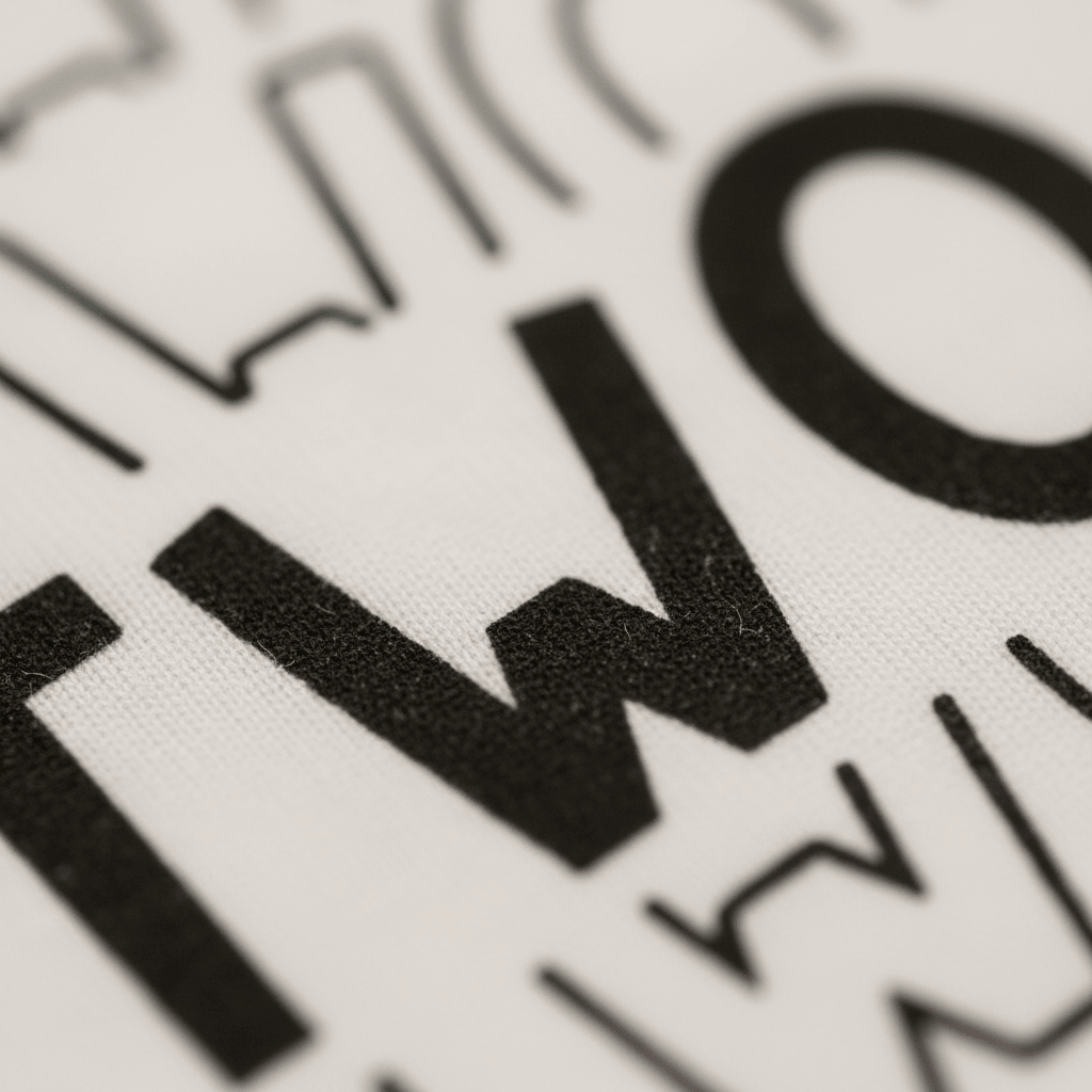 A close-up of bold, black, uppercase letters spelling “TWO” printed on white fabric from the Toodleroos Two Birthday Toddler Shirt – 2nd Birthday Tee, designed as a gender-neutral option for second birthday celebrations, with blurred partial letters in the background.