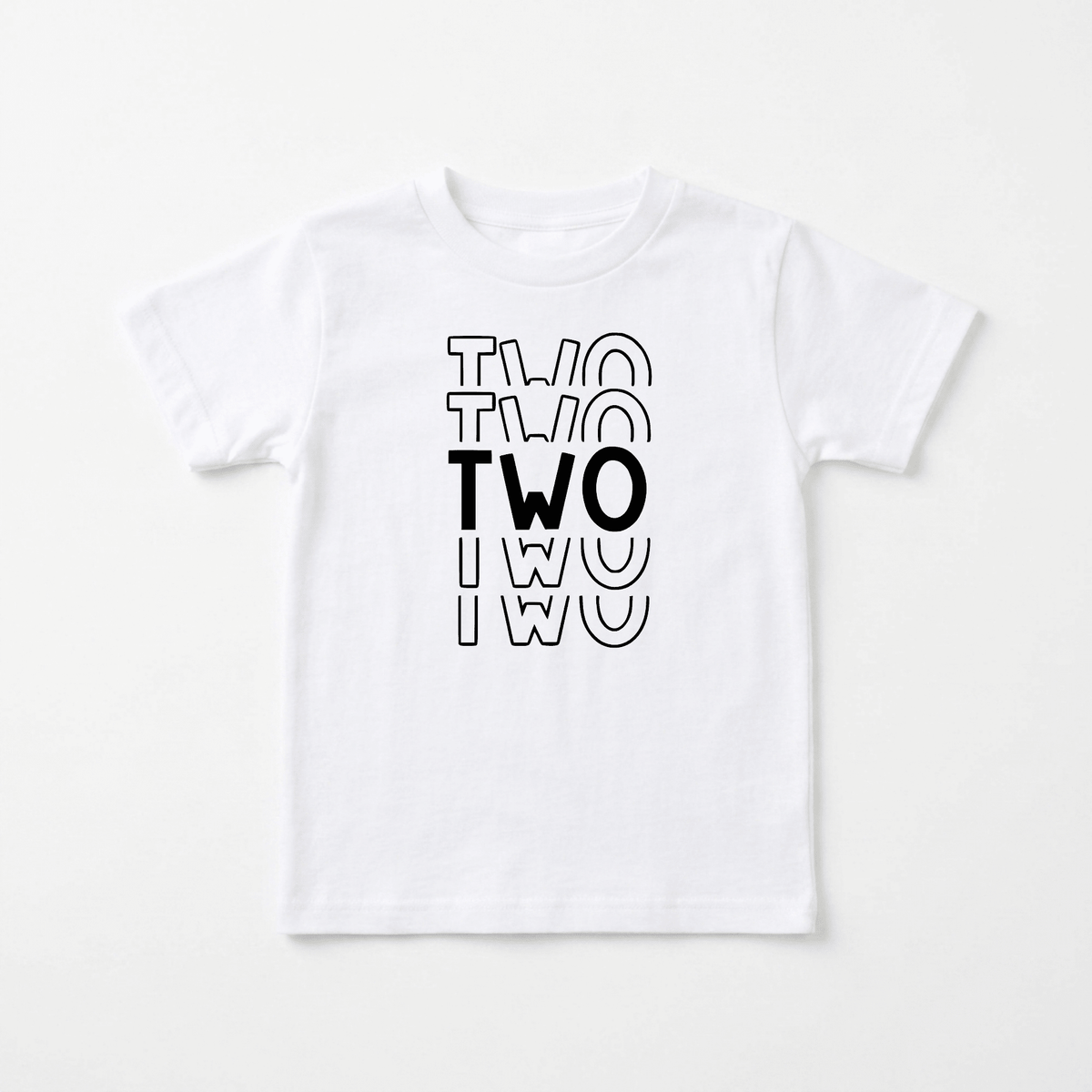 The Toodleroos Two Birthday Toddler Shirt – 2nd Birthday Tee is a minimalist, gender-neutral white tee featuring the word “TWO” printed three times vertically. The middle “TWO” appears in bold, solid black, while the top and bottom versions are outlined in black—making it a perfect choice for your toddler’s second birthday.