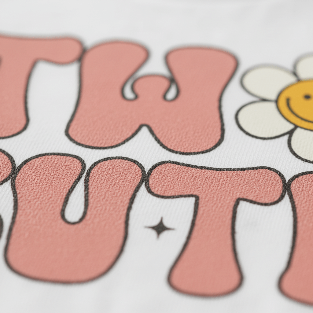 Close-up of pink and white text on fabric with a smiling yellow daisy and a small black star. The visible letters “TW” and “UT” reference the “Two Cute” design, making this Toodleroos Two Cute 2nd Birthday Toddler Girls Shirt – Daisy Birthday Tee the perfect choice for your little one’s special day. Set on a crisp white background, it’s ideal for a second birthday or as an adorable cake smash outfit.