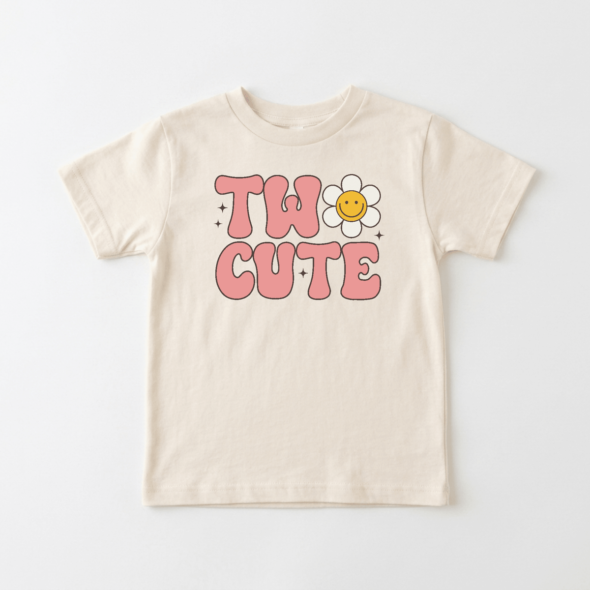 Dress your little one in the Toodleroos Two Cute 2nd Birthday Toddler Girls Shirt – Daisy Birthday Tee, a beige toddler shirt showcasing playful pink bubble letters that spell “TWO CUTE” and a cheerful daisy beside the text—ideal for her second birthday celebration or as a cake smash outfit.