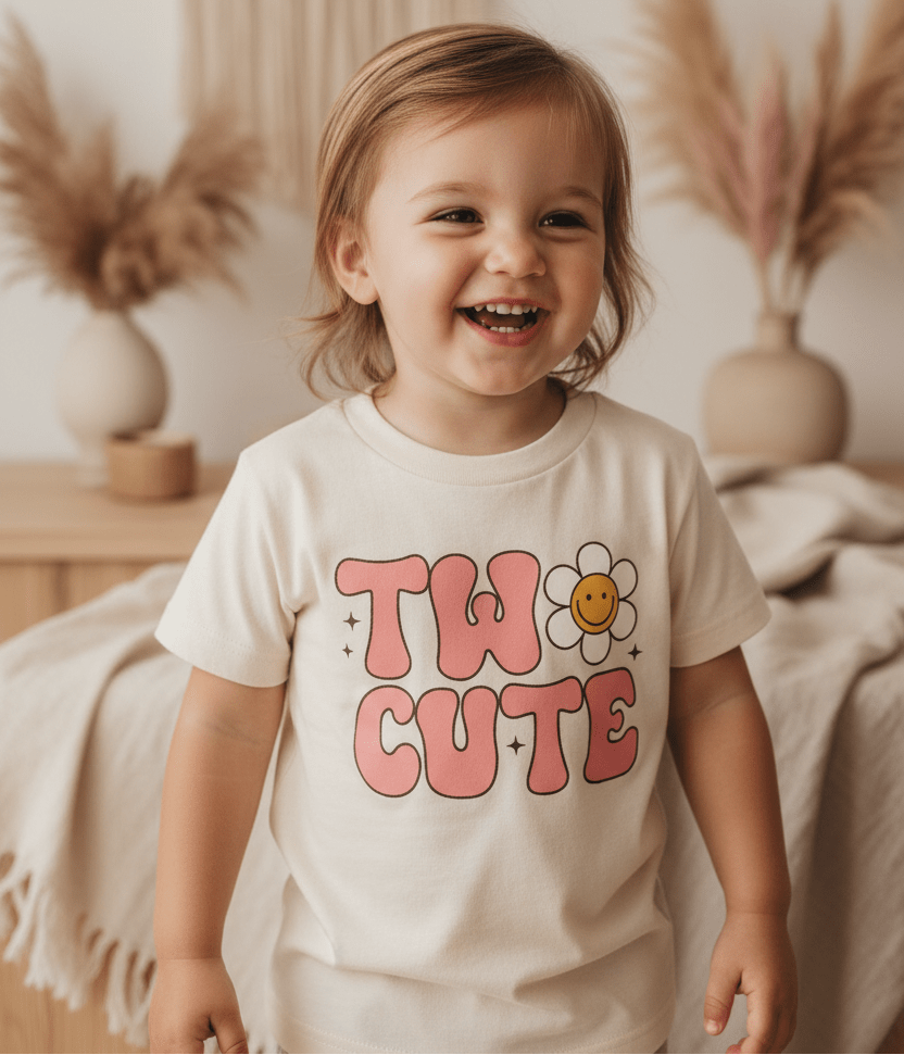 A smiling toddler wears the Toodleroos Two Cute 2nd Birthday Toddler Girls Shirt – Daisy Birthday Tee, featuring a cheerful flower design and “Two Cute” text, standing indoors with neutral decor and pampas grass—perfect for her second birthday celebration or as an adorable cake smash outfit.