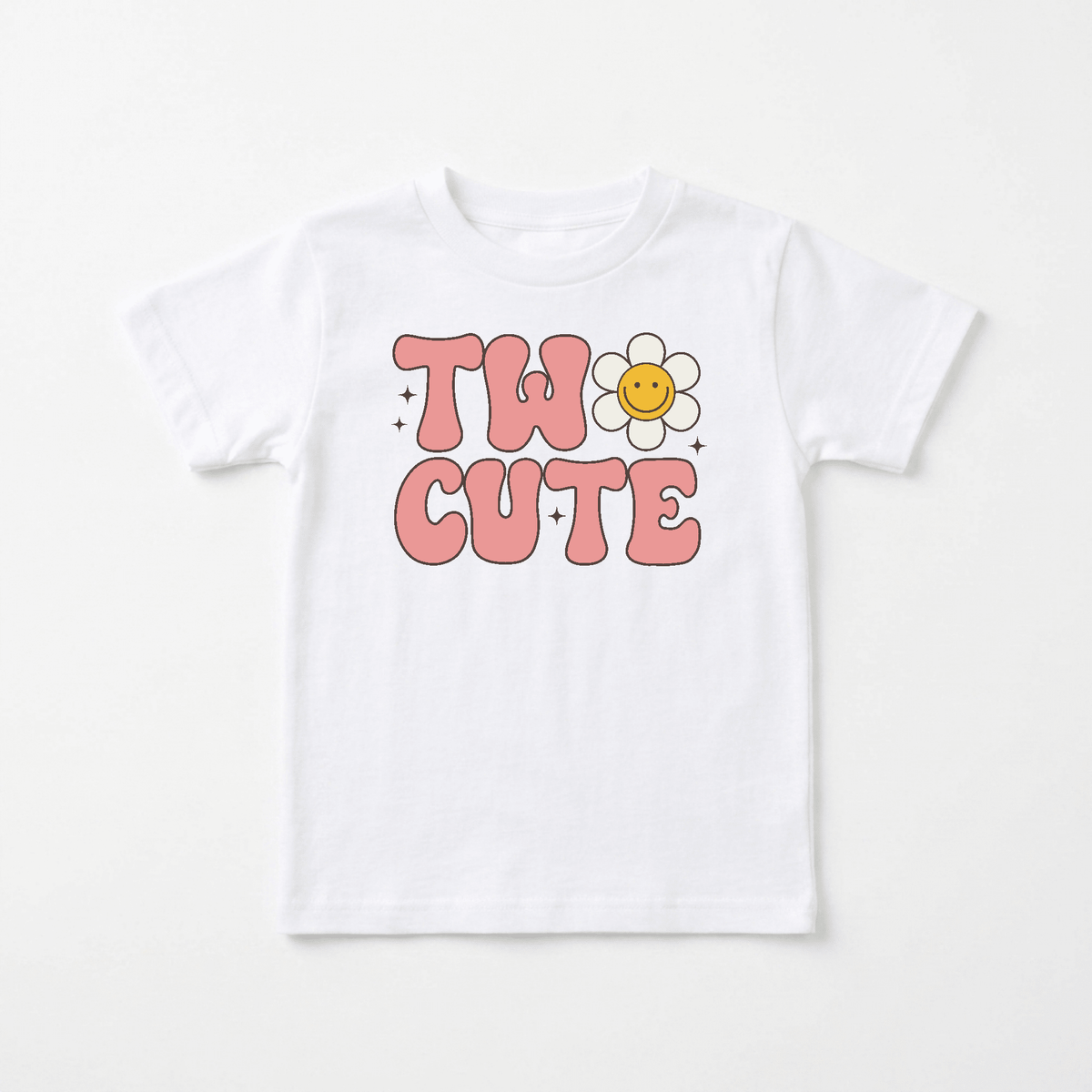 Dress your little one in the Toodleroos Two Cute 2nd Birthday Toddler Girls Shirt – Daisy Birthday Tee, featuring large pink bubble letters spelling “TWO CUTE,” accented with tiny stars and a cheerful yellow daisy next to the word “TWO.” This adorable tee is the perfect choice for a second birthday celebration or cake smash outfit.