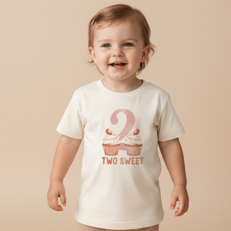 A happy toddler wears the Toodleroos 2nd Birthday Toddler Shirt – Two Sweet Cupcake Short-Sleeve Tee, featuring two cupcakes forming the number 2 and “Two Sweet” printed below, standing against a beige background.