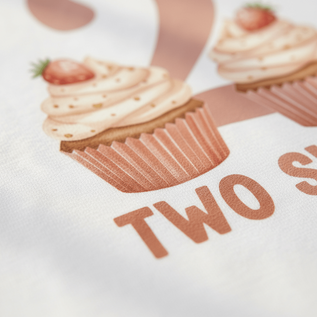 A close-up illustration of two cupcakes with pink frosting and strawberries on top appears above the words “TWO S” printed on soft white fabric, making the Toodleroos 2nd Birthday Toddler Shirt – Two Sweet Cupcake Short-Sleeve Tee a perfect choice for a cupcake-themed birthday outfit or a sweet 2nd birthday celebration.